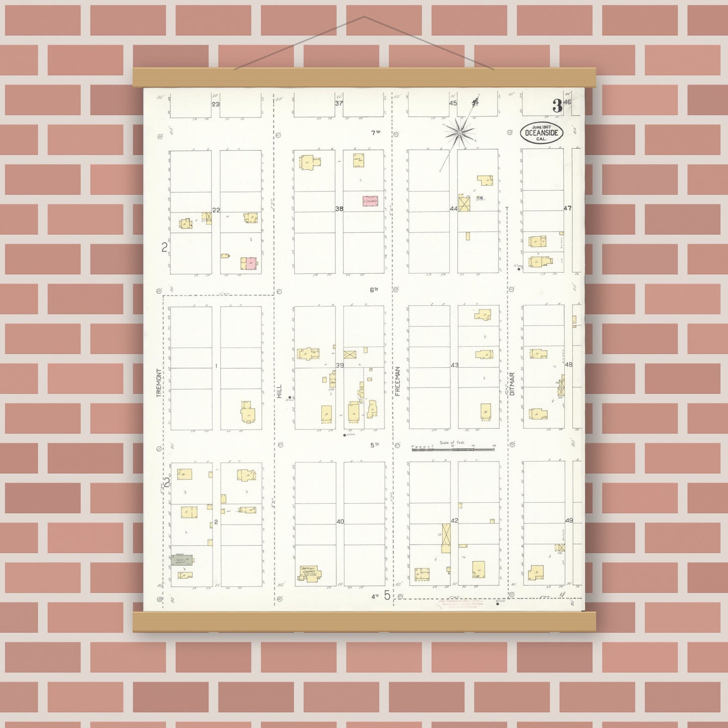 Old map wall art mockup — magnetic wood frame on brick wall — Sanborn Fire Insurance Map from Oceanside, San Diego County, California (1907), Sheet #0003