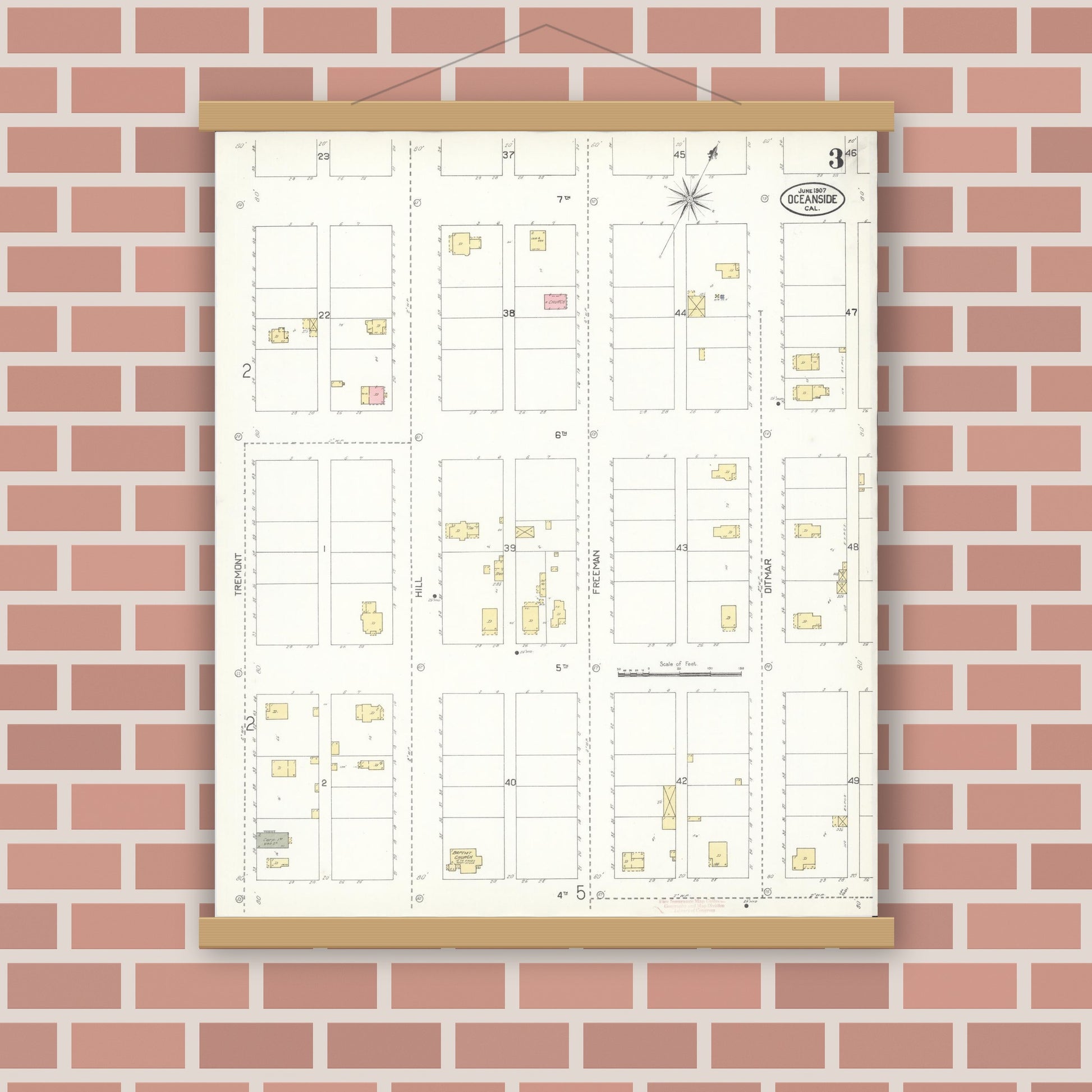 Old map wall art mockup — magnetic wood frame on brick wall — Sanborn Fire Insurance Map from Oceanside, San Diego County, California (1907), Sheet #0003