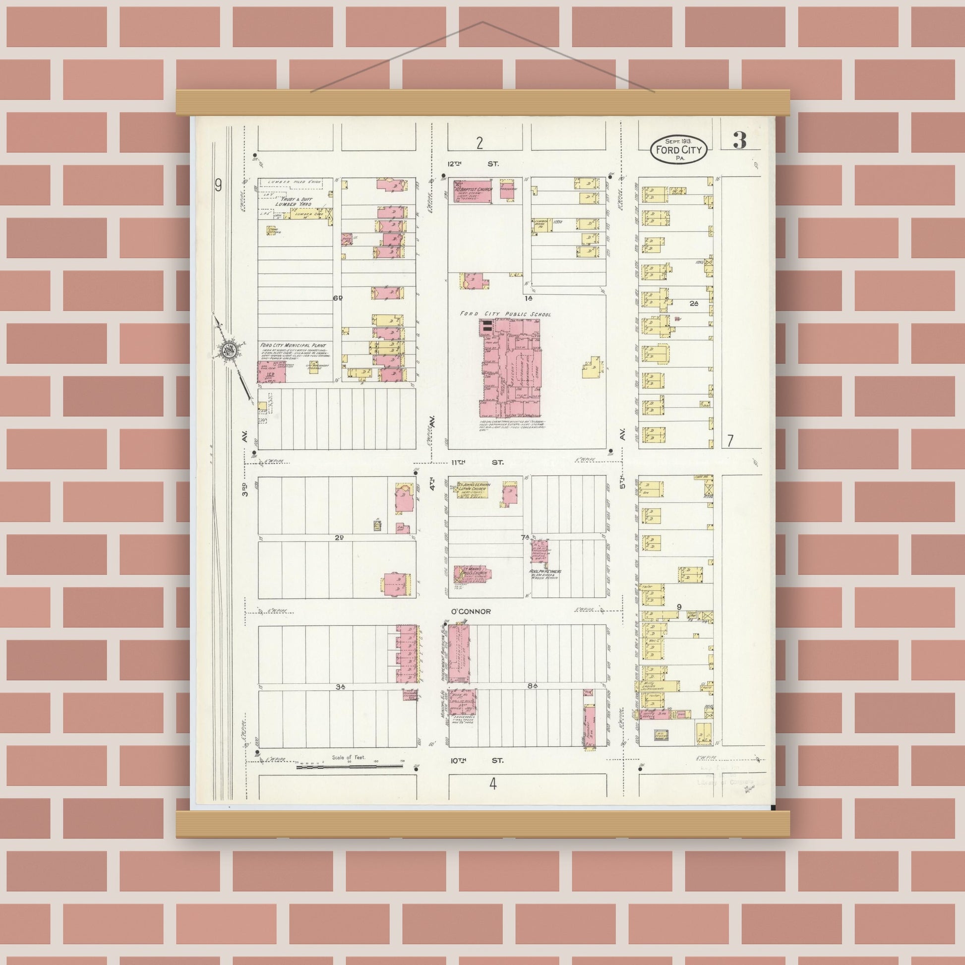 Old map wall art mockup — magnetic wood frame on brick wall — Sanborn Fire Insurance Map from Ford City, Armstrong County, Pennsylvania (1913), Sheet #0003