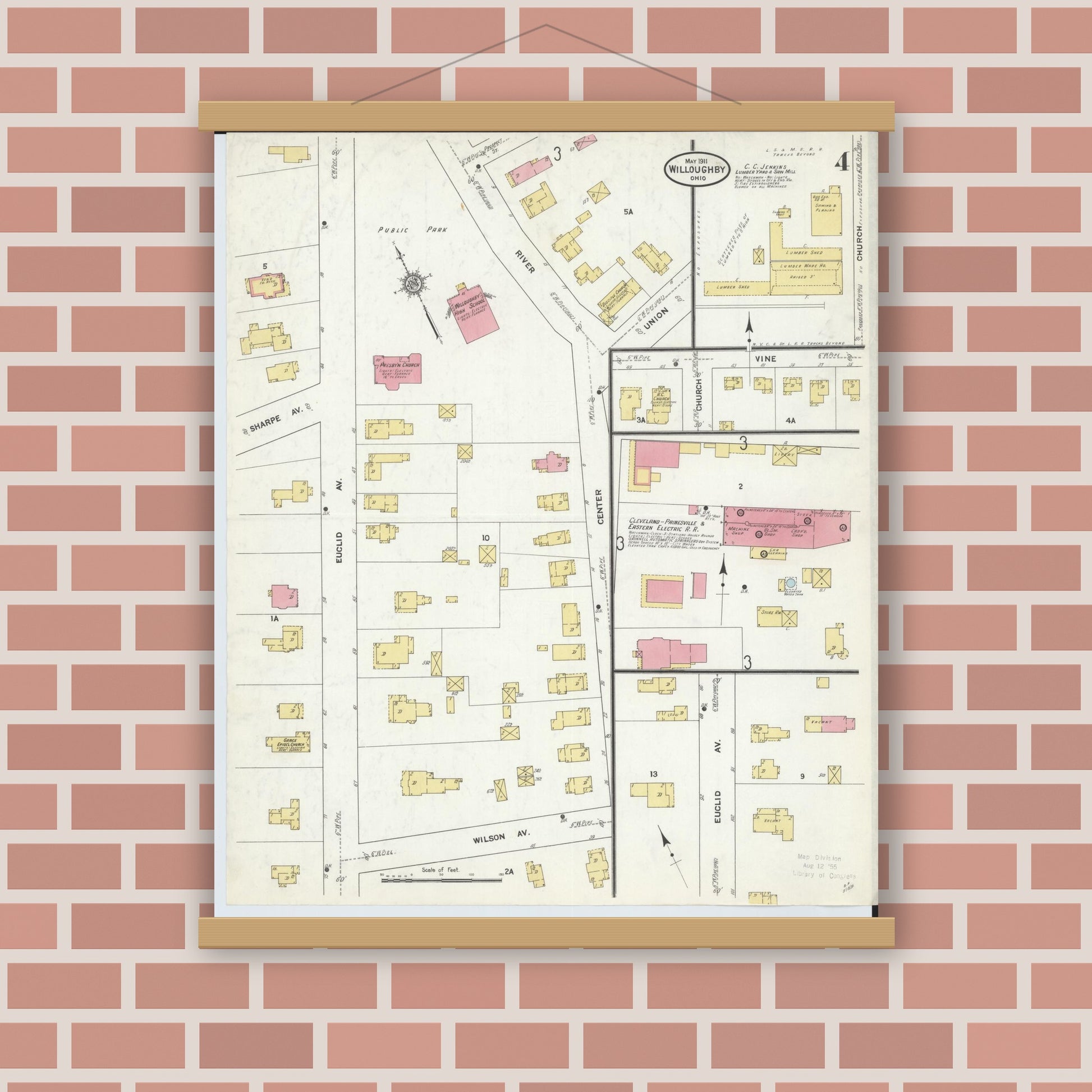 Old map wall art mockup — magnetic wood frame on brick wall — Sanborn Fire Insurance Map from Willoughby, Lake County, Ohio (1911), Sheet #0004