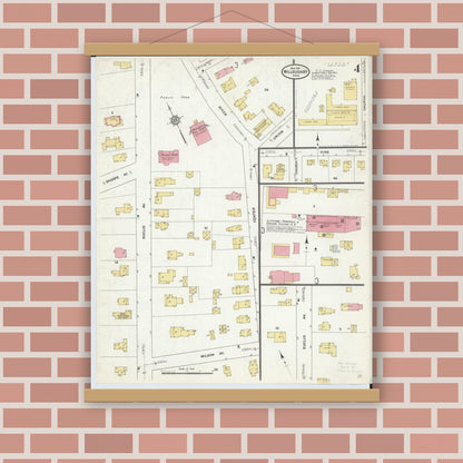 Old map wall art mockup — magnetic wood frame on brick wall — Sanborn Fire Insurance Map from Willoughby, Lake County, Ohio (1911), Sheet #0004