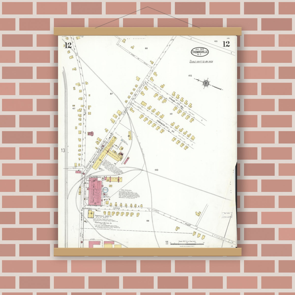 Old map wall art mockup — magnetic wood frame on brick wall — Sanborn Fire Insurance Map from Thomasville, Davidson County, North Carolina (1923), Sheet #0012