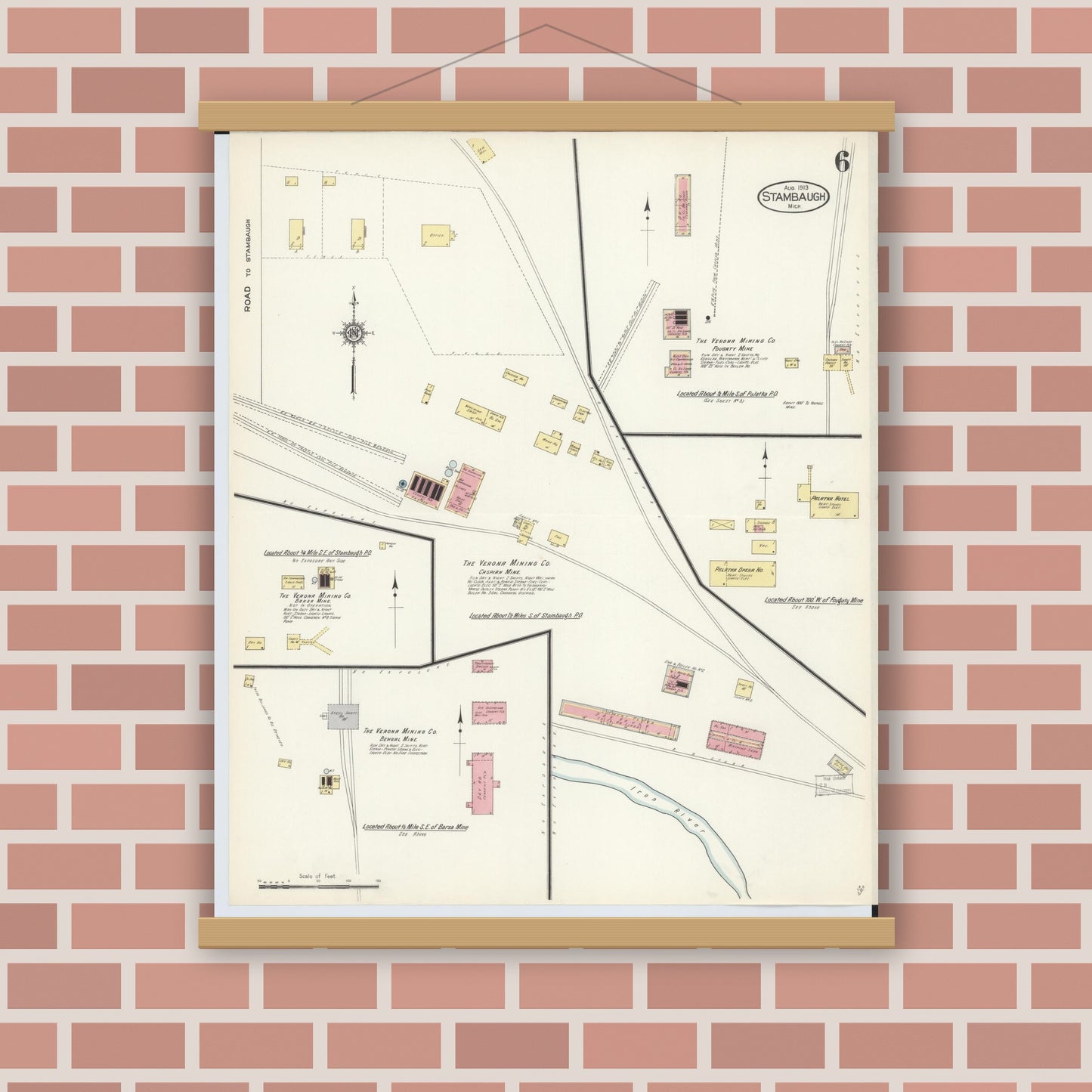 Old map wall art mockup — magnetic wood frame on brick wall — Sanborn Fire Insurance Map from Stambaugh, Iron County, Michigan (1913), Sheet #0006