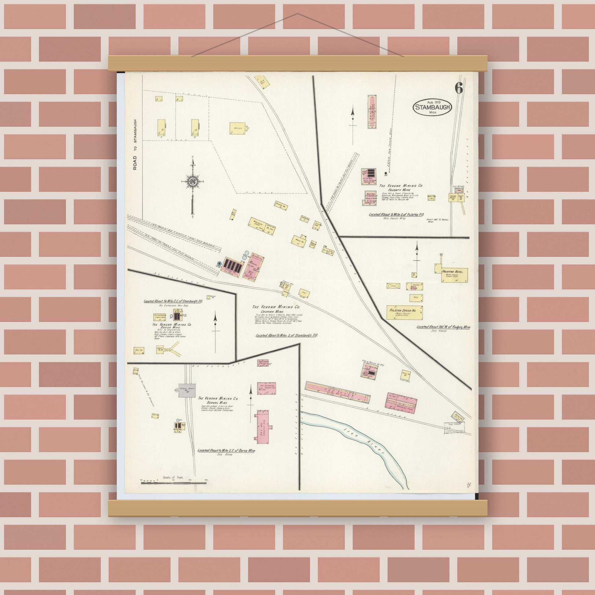 Old map wall art mockup — magnetic wood frame on brick wall — Sanborn Fire Insurance Map from Stambaugh, Iron County, Michigan (1913), Sheet #0006