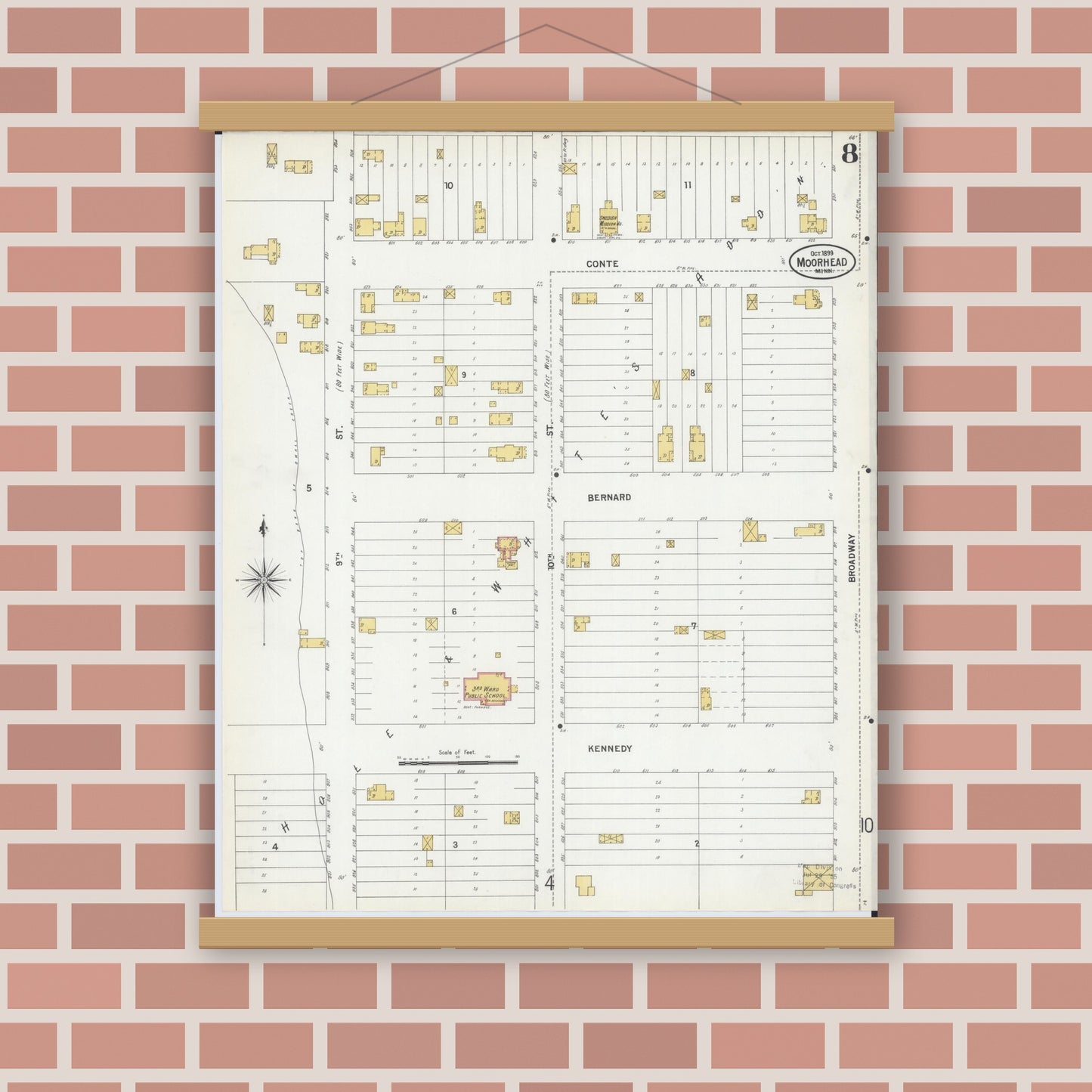 Old map wall art mockup — magnetic wood frame on brick wall — Sanborn Fire Insurance Map from Moorhead, Clay County, Minnesota (1899), Sheet #0008