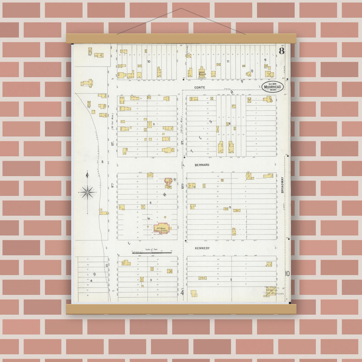 Old map wall art mockup — magnetic wood frame on brick wall — Sanborn Fire Insurance Map from Moorhead, Clay County, Minnesota (1899), Sheet #0008