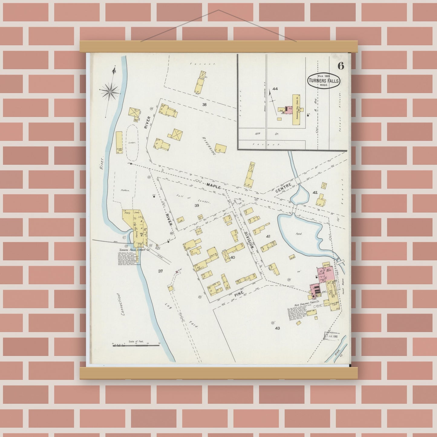 Old map wall art mockup — magnetic wood frame on brick wall — Sanborn Fire Insurance Map from Turners Falls, Franklin County, Massachusetts (1895), Sheet #0006