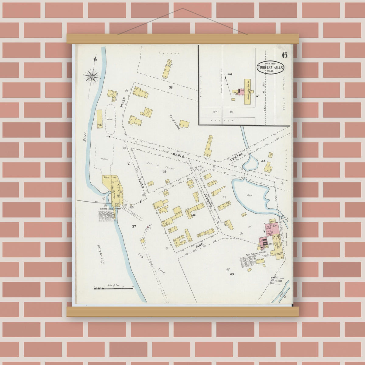 Old map wall art mockup — magnetic wood frame on brick wall — Sanborn Fire Insurance Map from Turners Falls, Franklin County, Massachusetts (1895), Sheet #0006