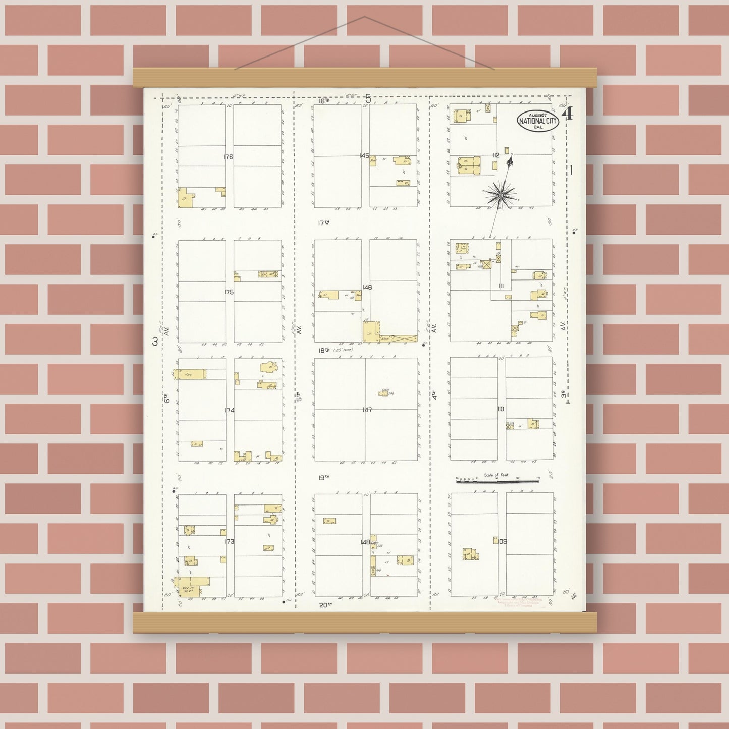 Old map wall art mockup — magnetic wood frame on brick wall — Sanborn Fire Insurance Map from National City, San Diego County, California (1907), Sheet #0004