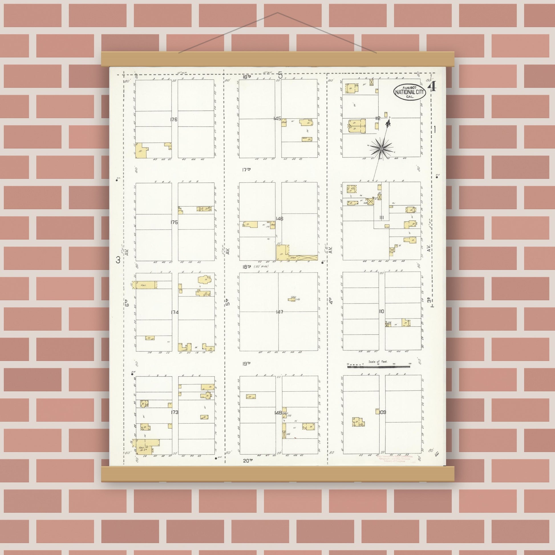 Old map wall art mockup — magnetic wood frame on brick wall — Sanborn Fire Insurance Map from National City, San Diego County, California (1907), Sheet #0004