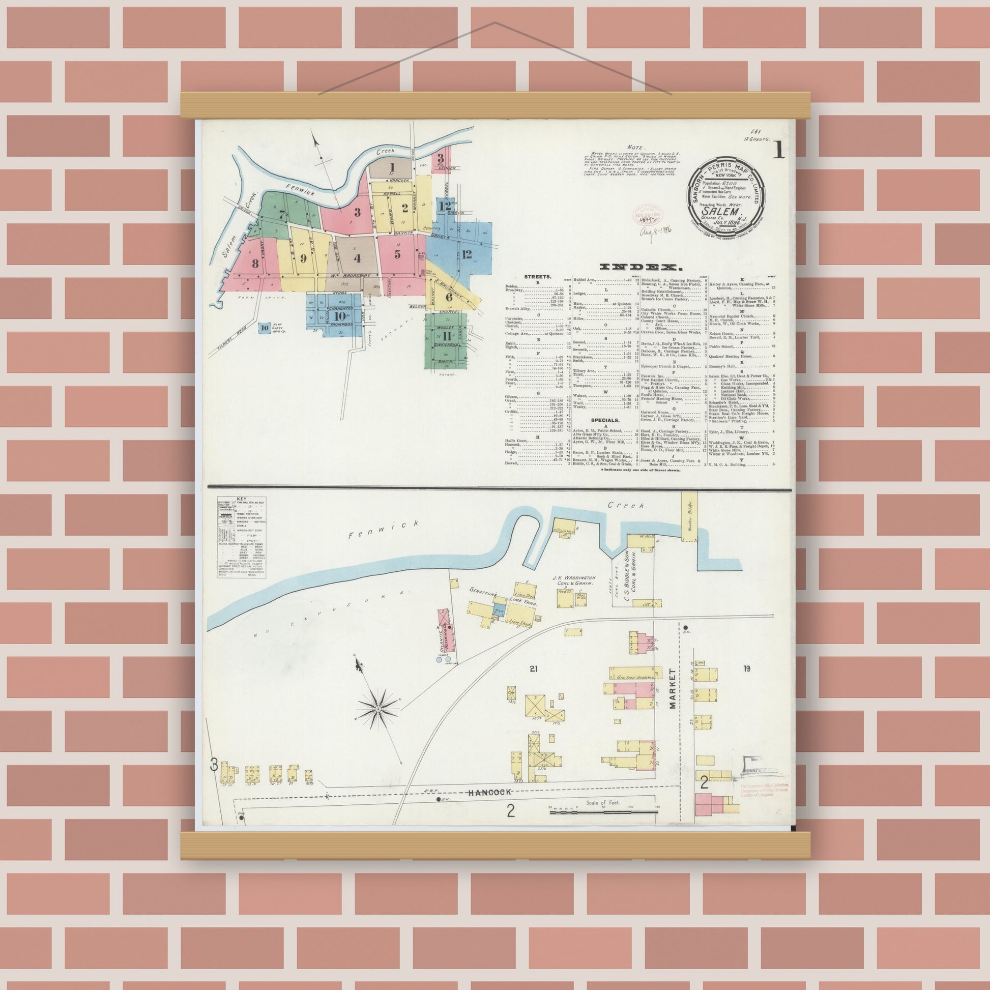 Old map wall art mockup — magnetic wood frame on brick wall — Sanborn Fire Insurance Map from Salem, Salem County, New Jersey (1896) - Complete Map Set