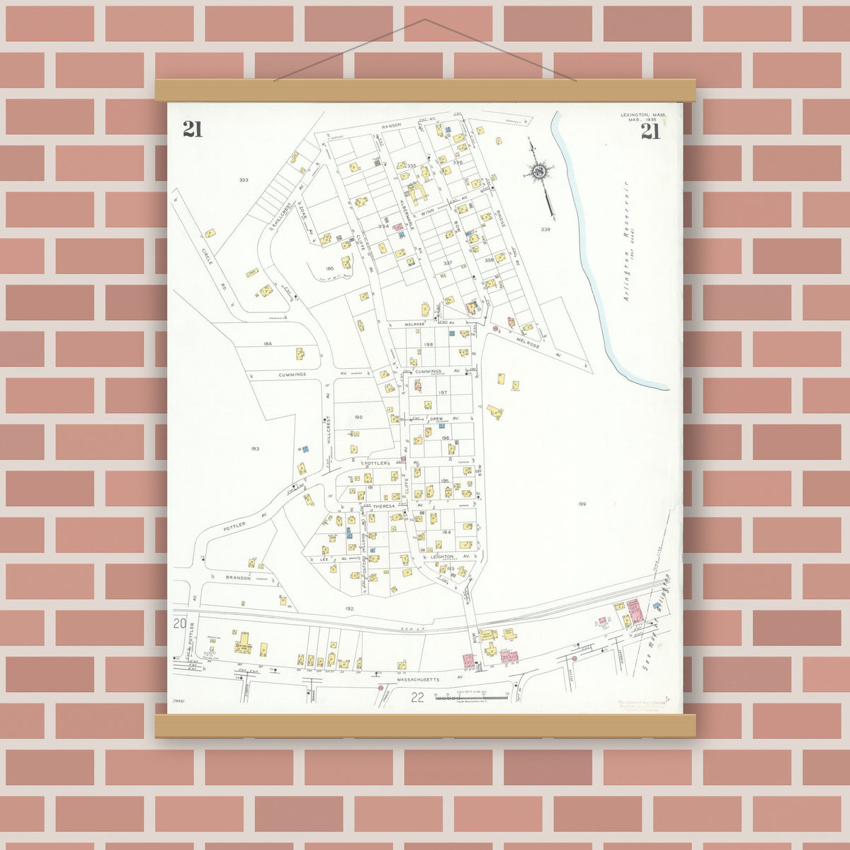 Old map wall art mockup — magnetic wood frame on brick wall — Sanborn Fire Insurance Map from Lexington, Middlesex County, Massachusetts (1935), Sheet #0021