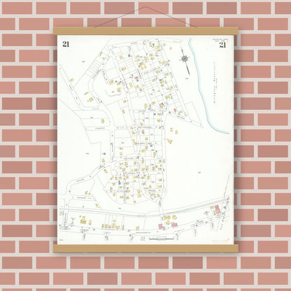 Old map wall art mockup — magnetic wood frame on brick wall — Sanborn Fire Insurance Map from Lexington, Middlesex County, Massachusetts (1935), Sheet #0021