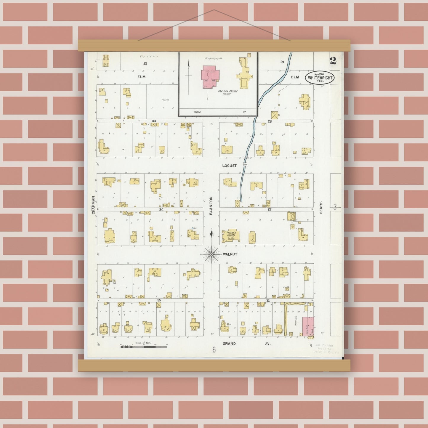 Old map wall art mockup — magnetic wood frame on brick wall — Sanborn Fire Insurance Map from Whitewright, Grayson County, Texas (1900), Sheet #0002