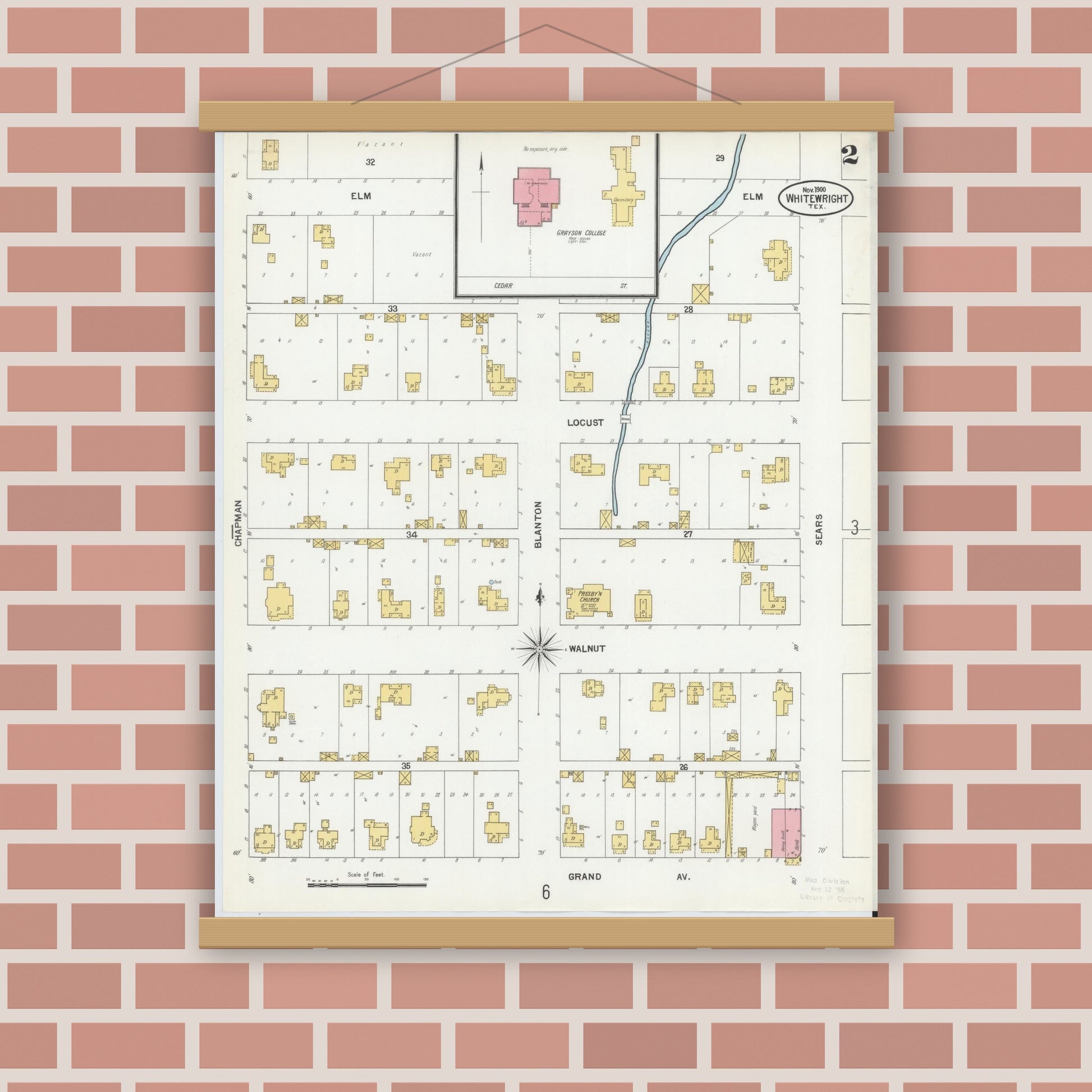 Old map wall art mockup — magnetic wood frame on brick wall — Sanborn Fire Insurance Map from Whitewright, Grayson County, Texas (1900), Sheet #0002