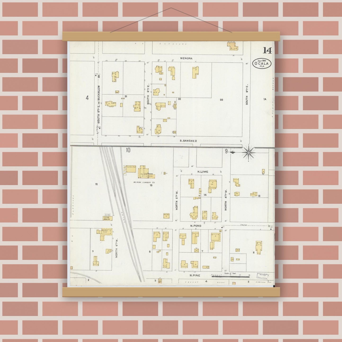 Old map wall art mockup — magnetic wood frame on brick wall — Sanborn Fire Insurance Map from Ocala, Marion County, Florida (1906), Sheet #0014