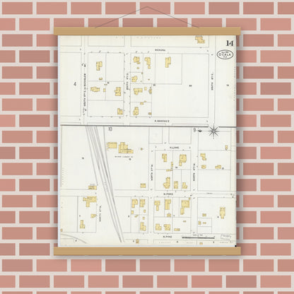 Old map wall art mockup — magnetic wood frame on brick wall — Sanborn Fire Insurance Map from Ocala, Marion County, Florida (1906), Sheet #0014