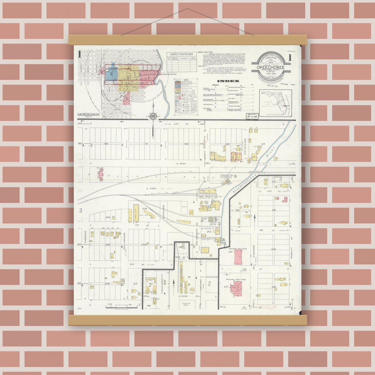 Old map wall art mockup — magnetic wood frame on brick wall — Sanborn Fire Insurance Map from Okeechobee, Okeechobee County, Florida (1933), Sheet #0001