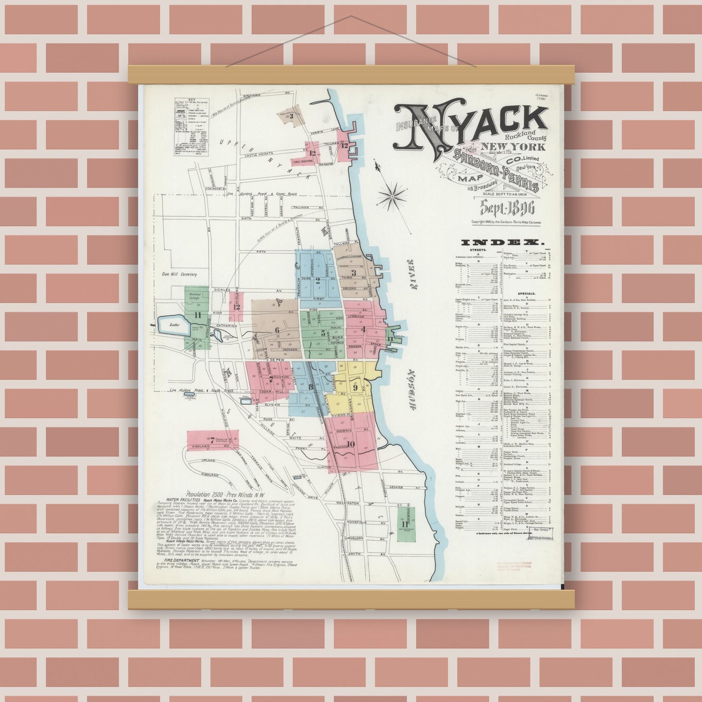 Old map wall art mockup — magnetic wood frame on brick wall — Sanborn Fire Insurance Map from Nyack, Rockland County, New York. (1896), Sheet #0000