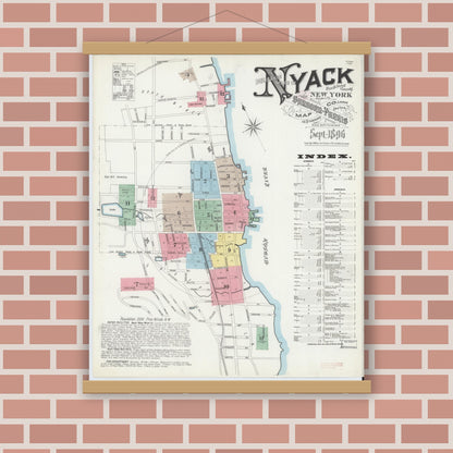 Old map wall art mockup — magnetic wood frame on brick wall — Sanborn Fire Insurance Map from Nyack, Rockland County, New York. (1896), Sheet #0000