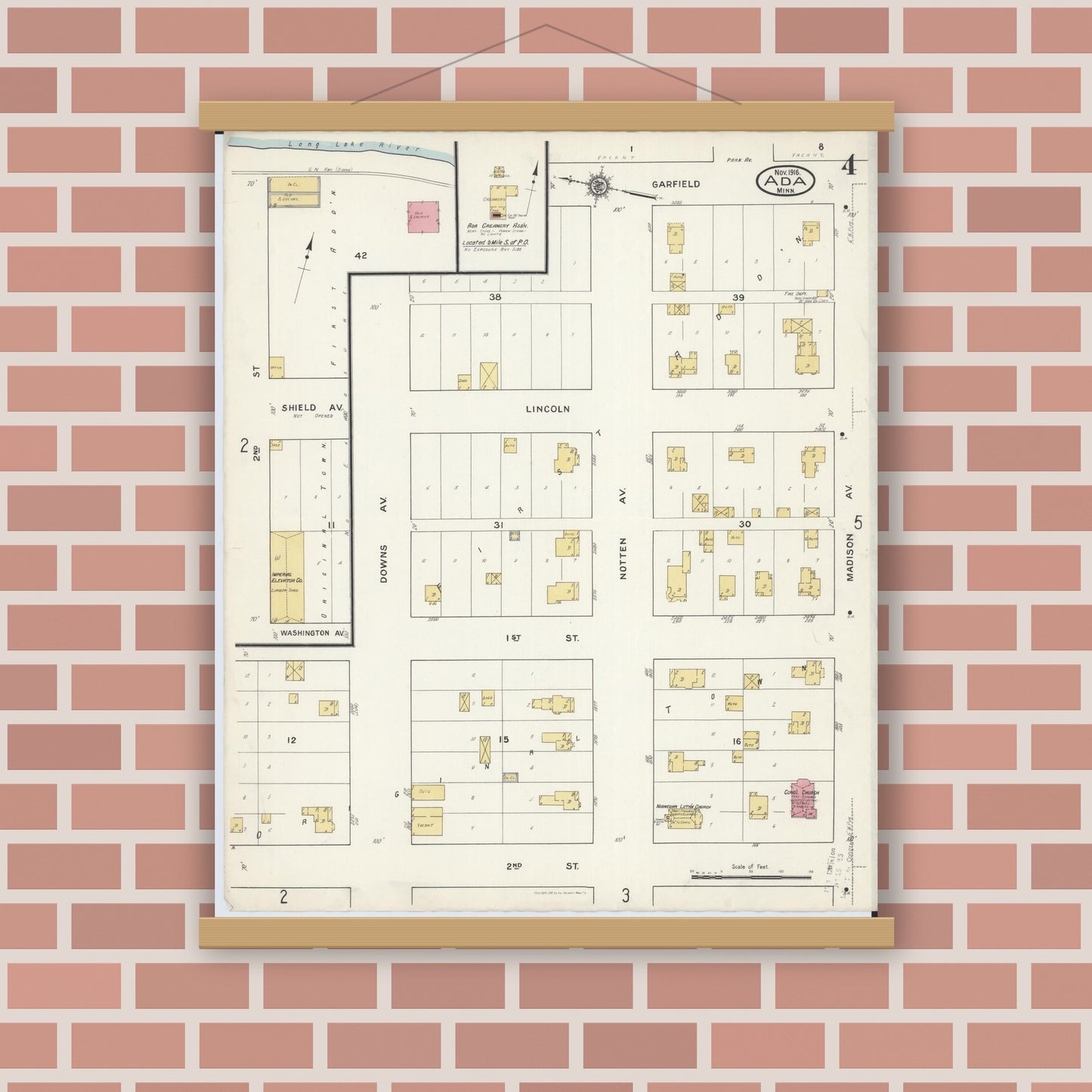 Old map wall art mockup — magnetic wood frame on brick wall — Sanborn Fire Insurance Map from Ada, Norman County, Minnesota (1916), Sheet #0004