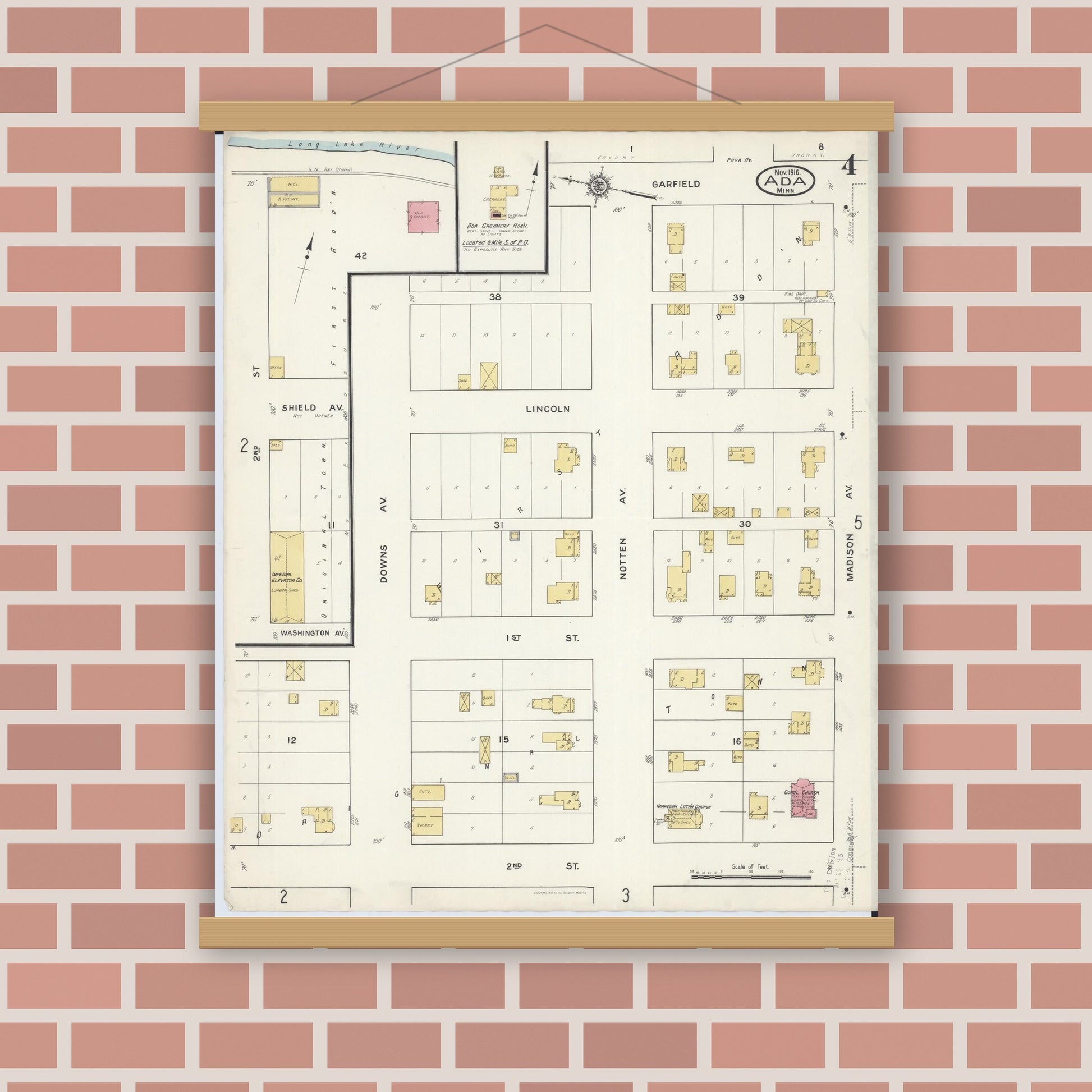 Old map wall art mockup — magnetic wood frame on brick wall — Sanborn Fire Insurance Map from Ada, Norman County, Minnesota (1916), Sheet #0004