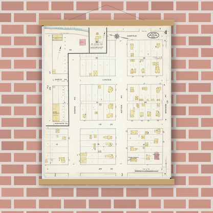 Old map wall art mockup — magnetic wood frame on brick wall — Sanborn Fire Insurance Map from Ada, Norman County, Minnesota (1916), Sheet #0004