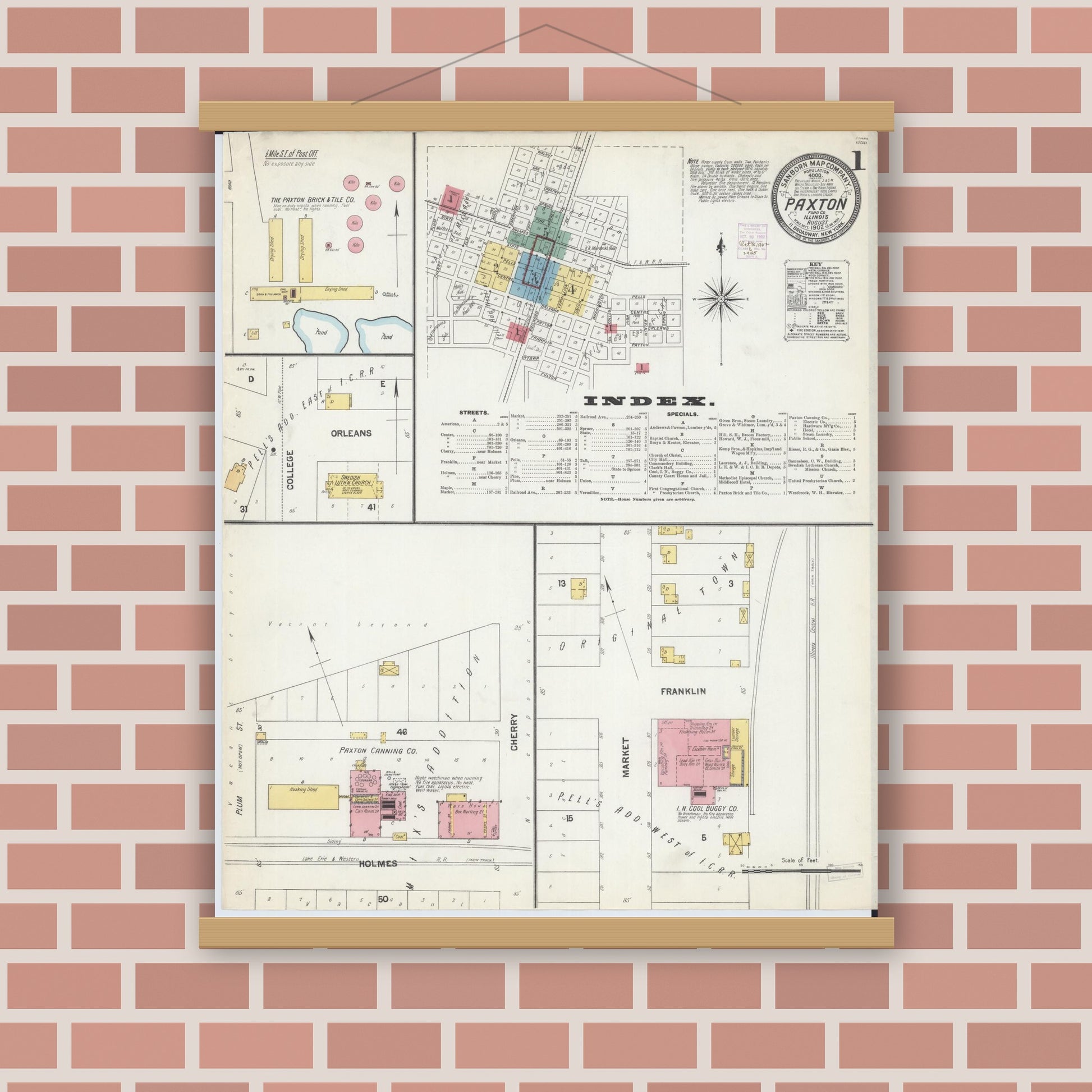 Old map wall art mockup — magnetic wood frame on brick wall — Sanborn Fire Insurance Map from Paxton, Ford County, Illinois (1902) - Complete Map Set