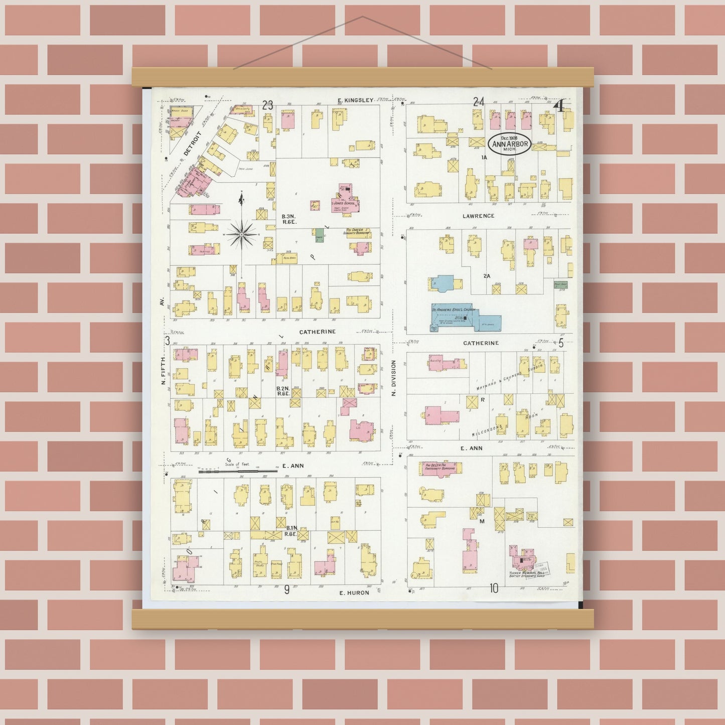 Old map wall art mockup — magnetic wood frame on brick wall — Sanborn Fire Insurance Map from Ann Arbor, Washtenaw County, Michigan (1908), Sheet #0004