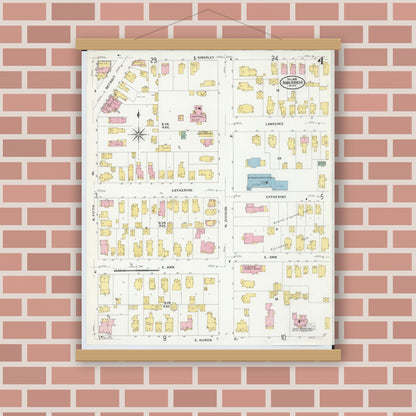 Old map wall art mockup — magnetic wood frame on brick wall — Sanborn Fire Insurance Map from Ann Arbor, Washtenaw County, Michigan (1908), Sheet #0004