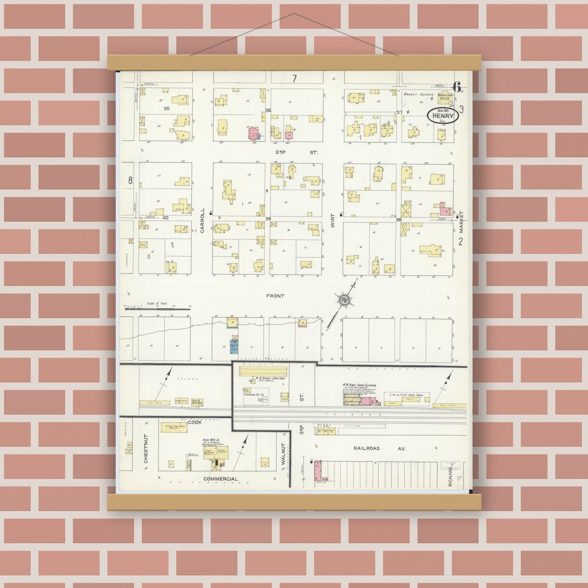 Old map wall art mockup — magnetic wood frame on brick wall — Sanborn Fire Insurance Map from Henry, Marshall County, Illinois (1913), Sheet #0006