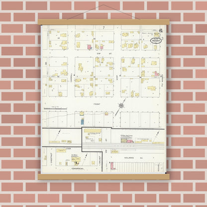 Old map wall art mockup — magnetic wood frame on brick wall — Sanborn Fire Insurance Map from Henry, Marshall County, Illinois (1913), Sheet #0006