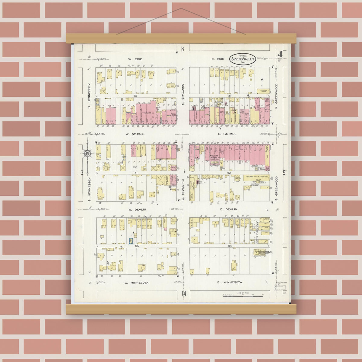Old map wall art mockup — magnetic wood frame on brick wall — Sanborn Fire Insurance Map from Spring Valley, Bureau County, Illinois (1913), Sheet #0004