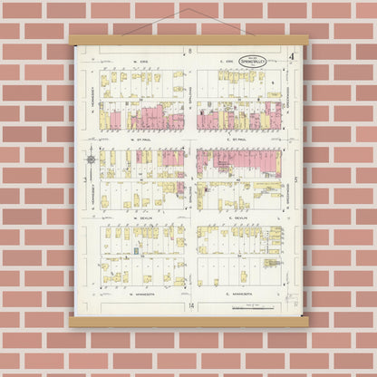 Old map wall art mockup — magnetic wood frame on brick wall — Sanborn Fire Insurance Map from Spring Valley, Bureau County, Illinois (1913), Sheet #0004