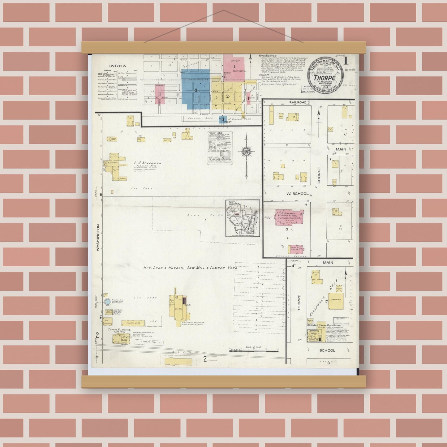 Old map wall art mockup — magnetic wood frame on brick wall — Sanborn Fire Insurance Map from Thorpe, Clark County, Wisconsin (1916) - Complete Map Set