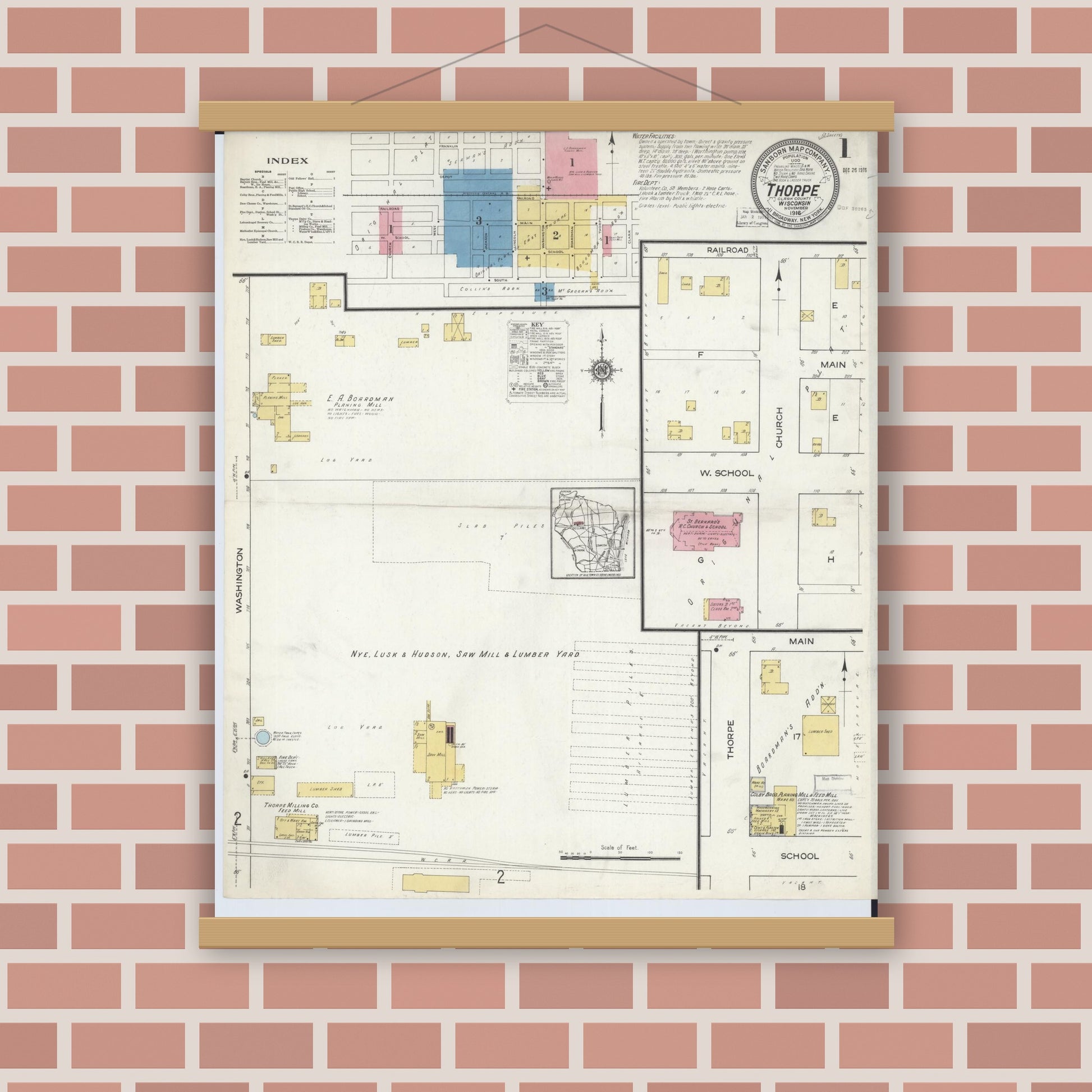 Old map wall art mockup — magnetic wood frame on brick wall — Sanborn Fire Insurance Map from Thorpe, Clark County, Wisconsin (1916) - Complete Map Set