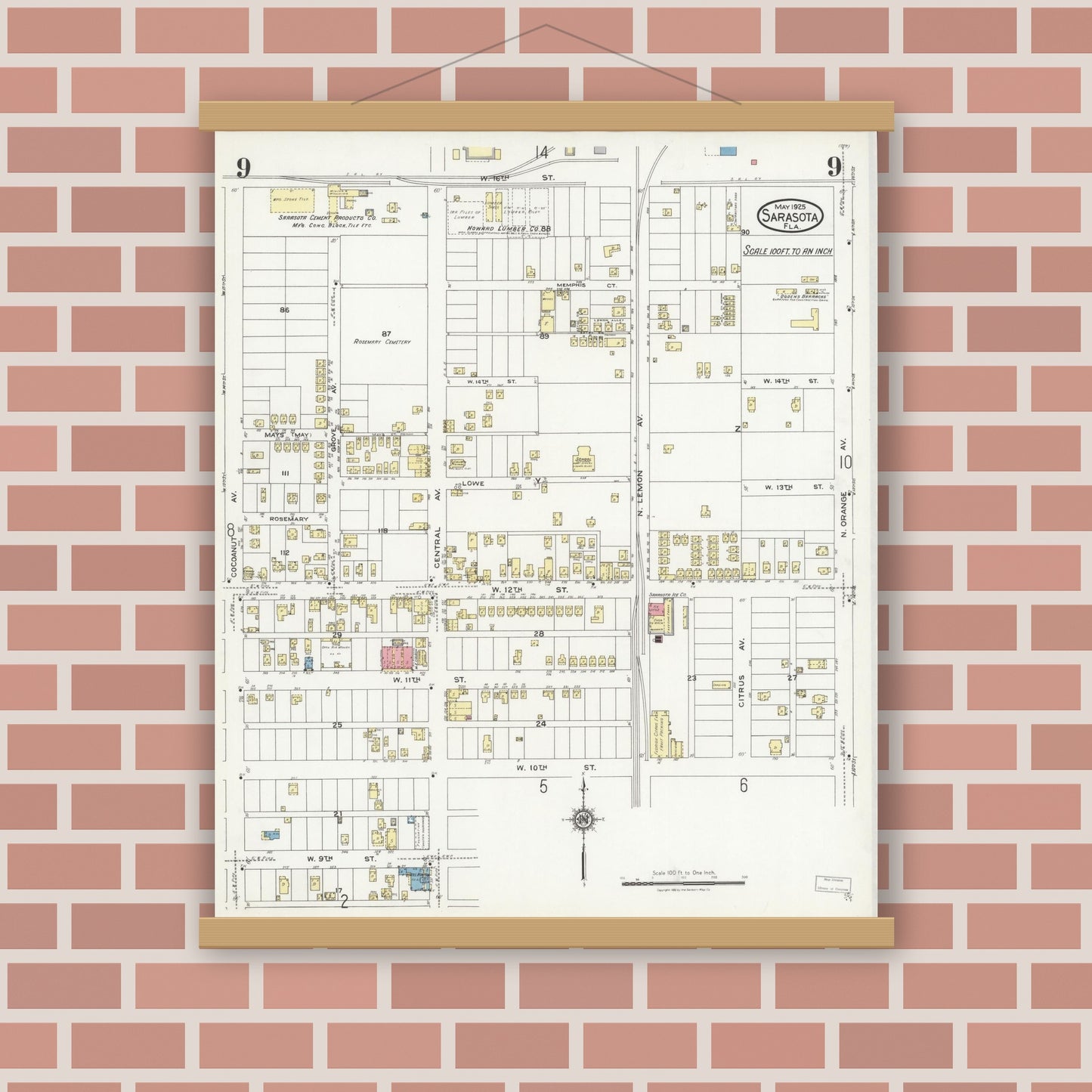 Old map wall art mockup — magnetic wood frame on brick wall — Sanborn Fire Insurance Map from Sarasota, Sarasota County, Florida (1925), Sheet #0009