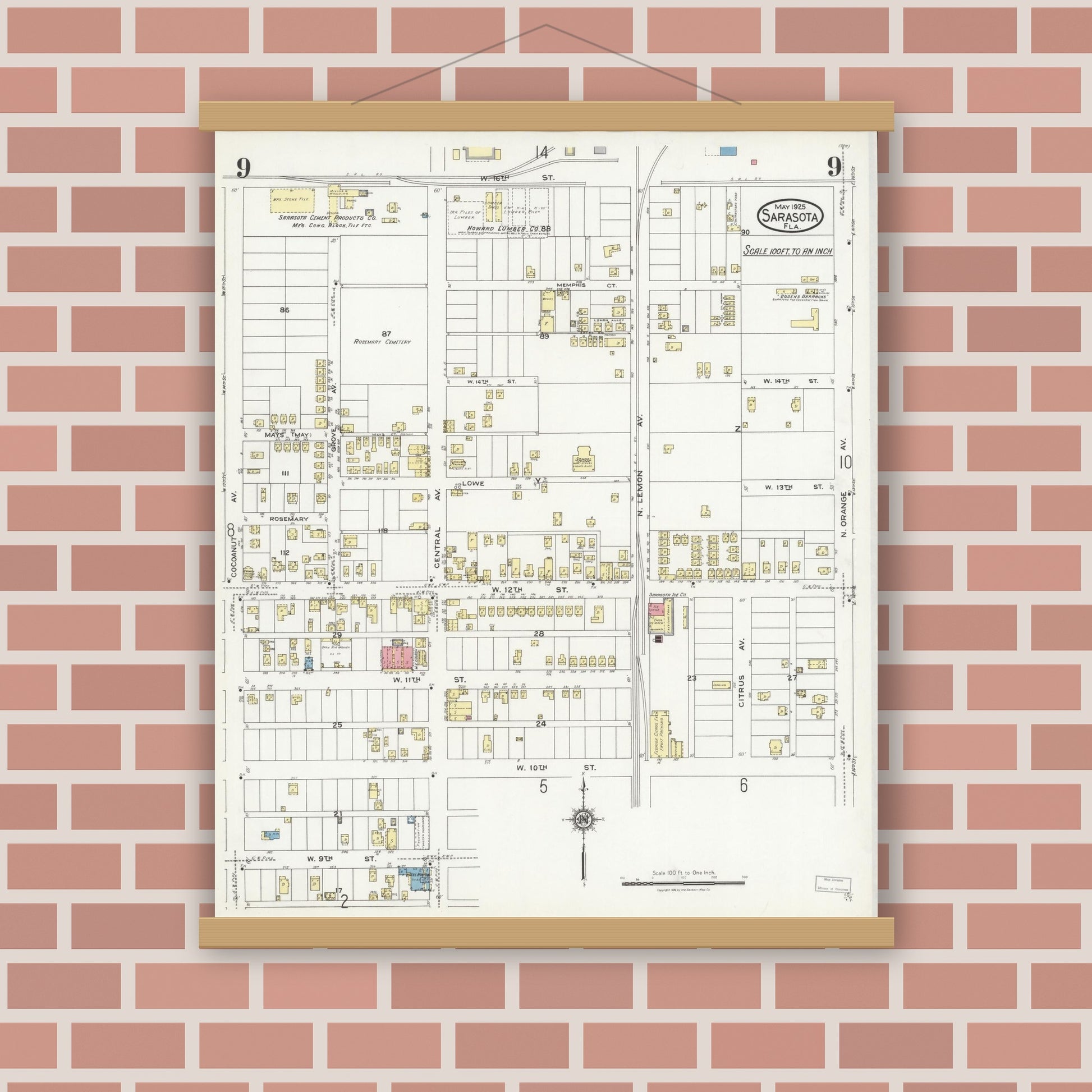 Old map wall art mockup — magnetic wood frame on brick wall — Sanborn Fire Insurance Map from Sarasota, Sarasota County, Florida (1925), Sheet #0009