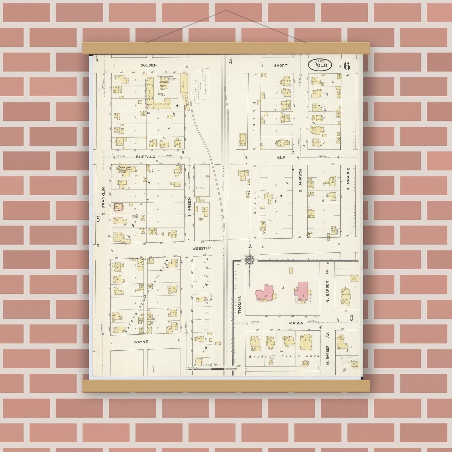 Old map wall art mockup — magnetic wood frame on brick wall — Sanborn Fire Insurance Map from Polo, Ogle County, Illinois (1913), Sheet #0006