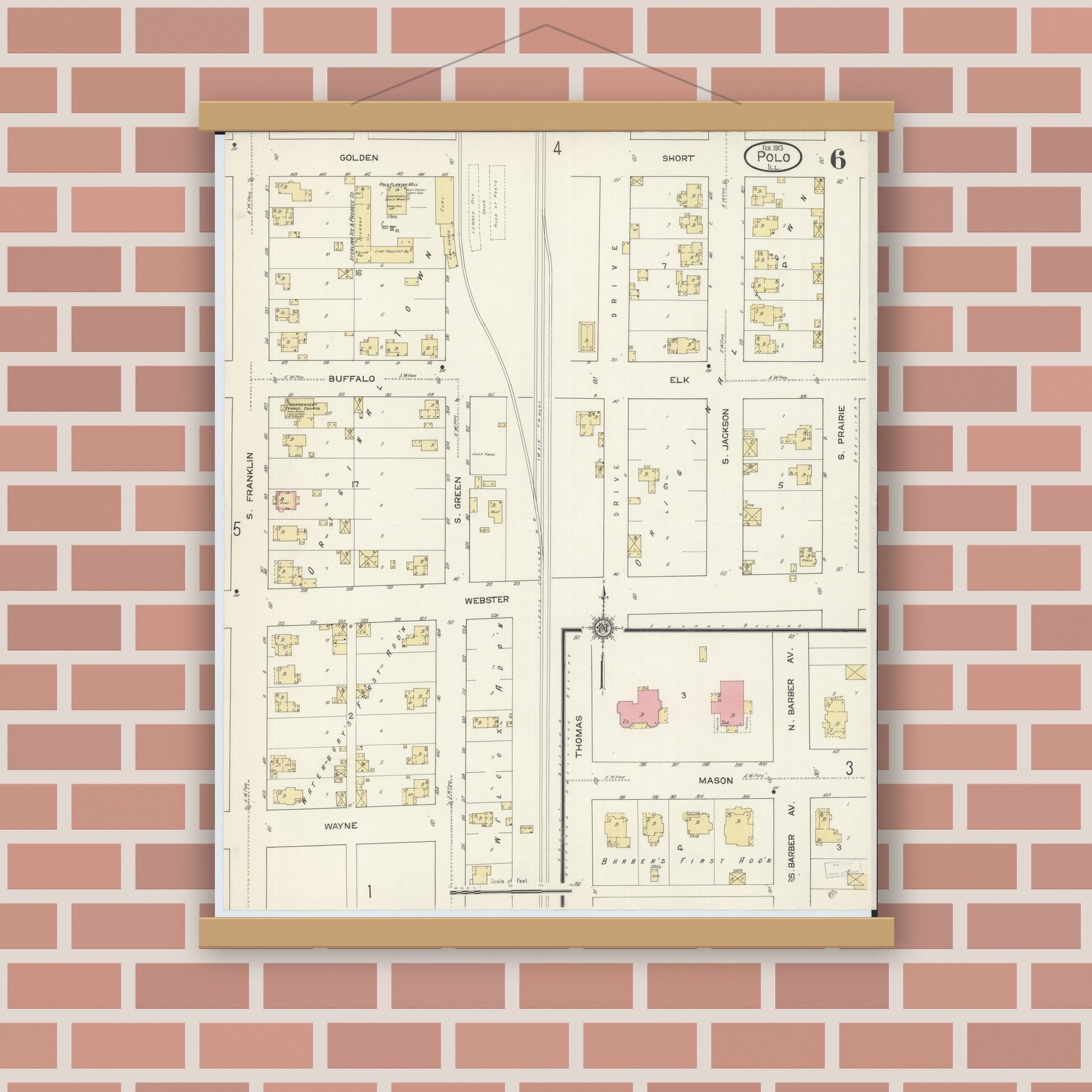 Old map wall art mockup — magnetic wood frame on brick wall — Sanborn Fire Insurance Map from Polo, Ogle County, Illinois (1913), Sheet #0006