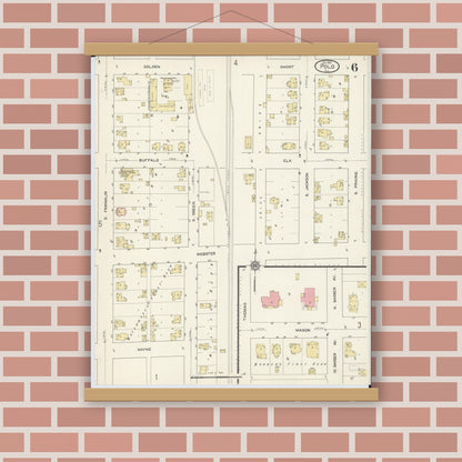 Old map wall art mockup — magnetic wood frame on brick wall — Sanborn Fire Insurance Map from Polo, Ogle County, Illinois (1913), Sheet #0006