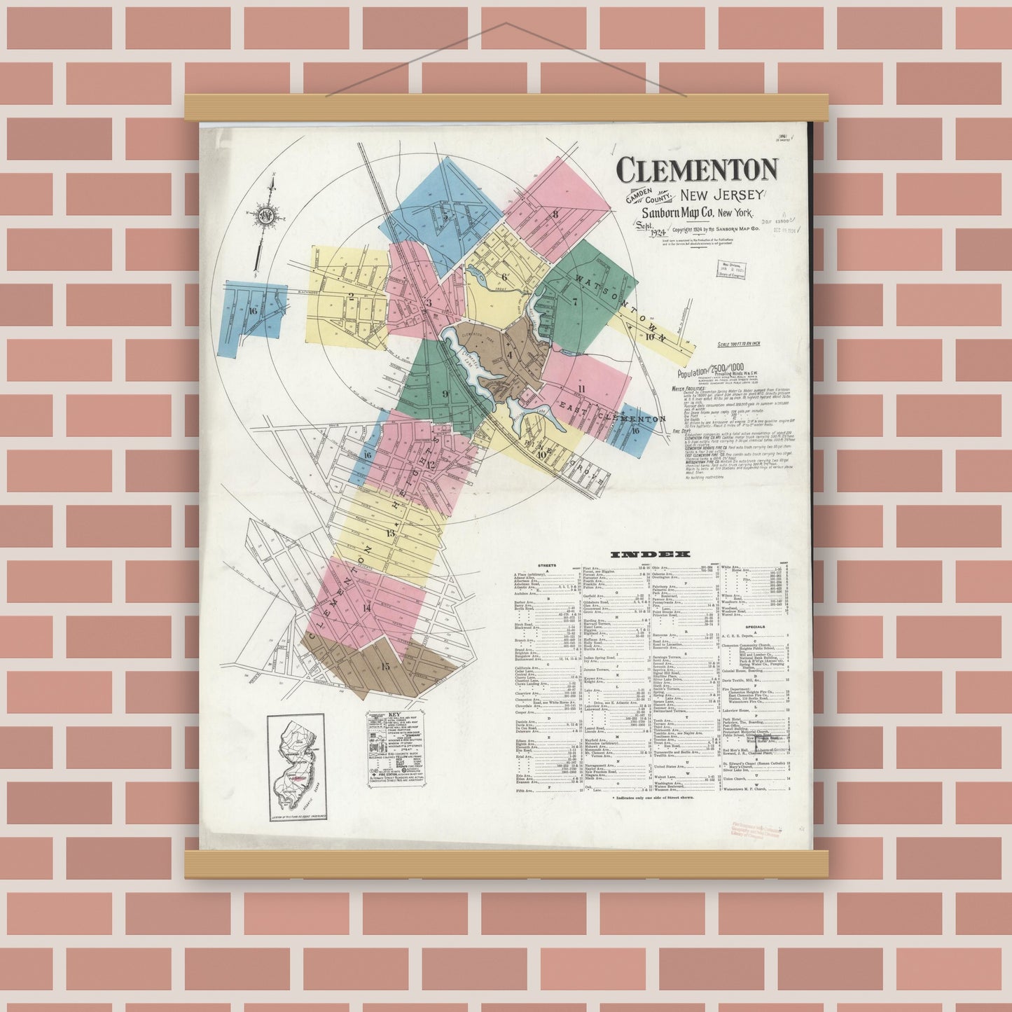 Old map wall art mockup — magnetic wood frame on brick wall — Sanborn Fire Insurance Map from Clementon, Camden County, New Jersey (1924), Sheet #0001