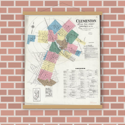 Old map wall art mockup — magnetic wood frame on brick wall — Sanborn Fire Insurance Map from Clementon, Camden County, New Jersey (1924), Sheet #0001