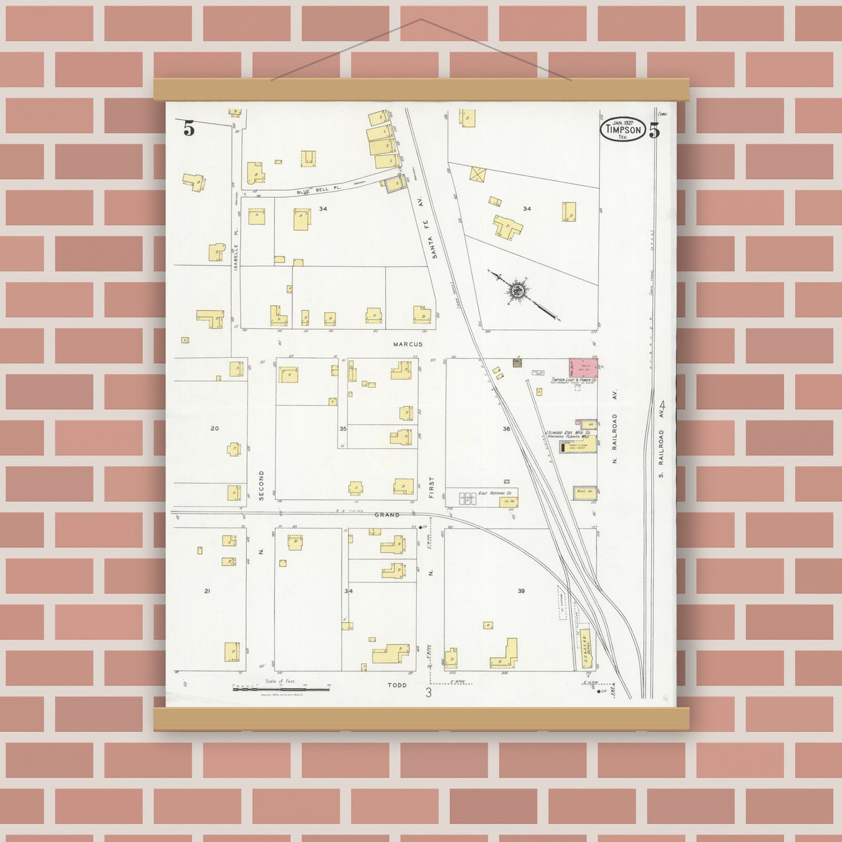 Old map wall art mockup — magnetic wood frame on brick wall — Sanborn Fire Insurance Map from Timpson, Shelby County, Texas (1927), Sheet #0005