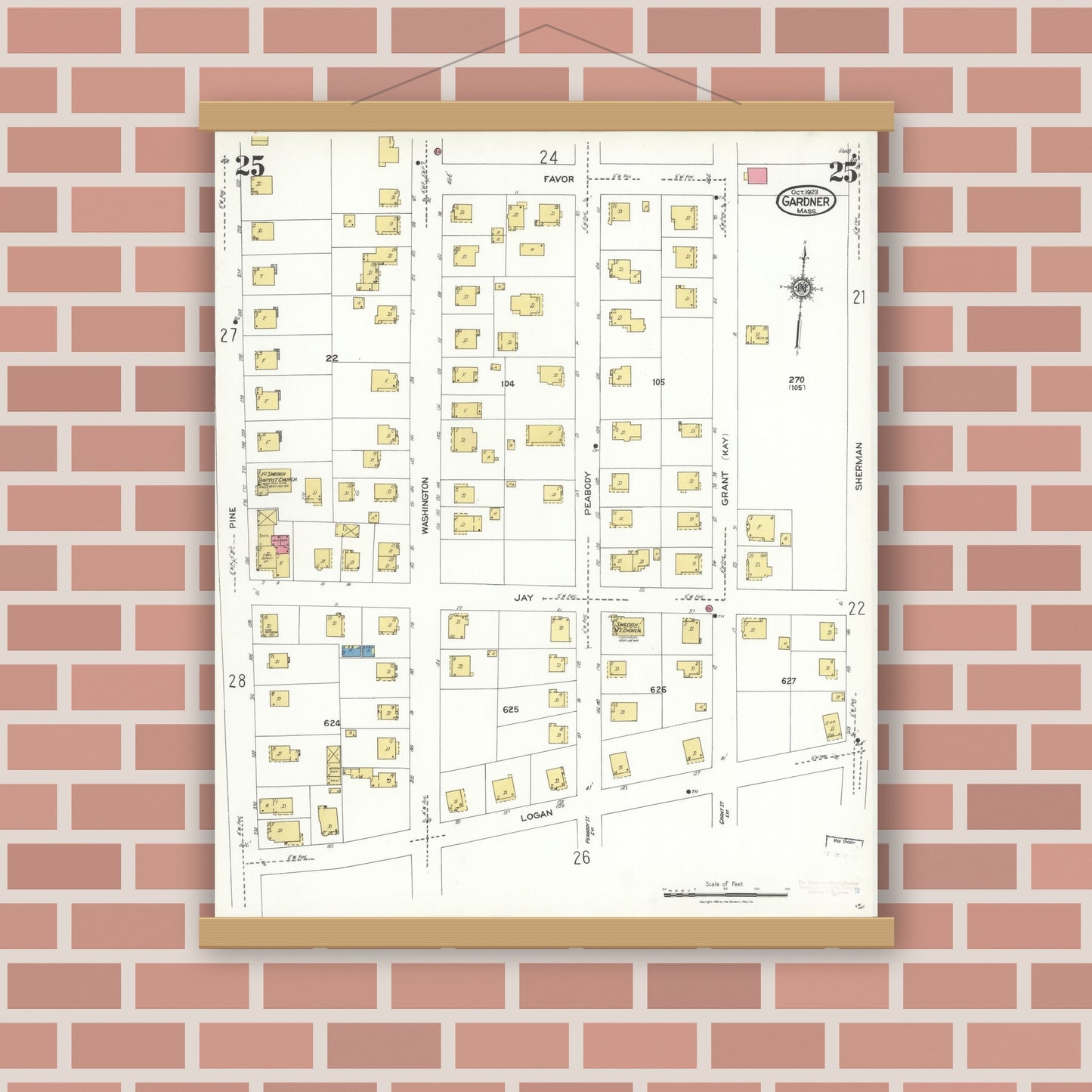 Old map wall art mockup — magnetic wood frame on brick wall — Sanborn Fire Insurance Map from Gardner, Worcester County, Massachusetts (1923), Sheet #0025