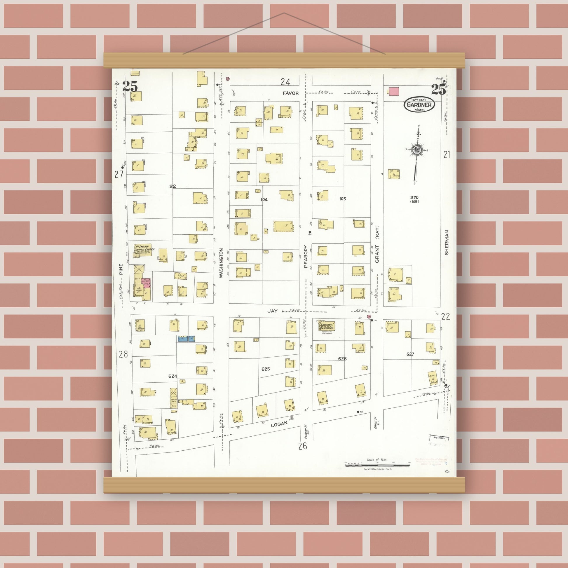 Old map wall art mockup — magnetic wood frame on brick wall — Sanborn Fire Insurance Map from Gardner, Worcester County, Massachusetts (1923), Sheet #0025