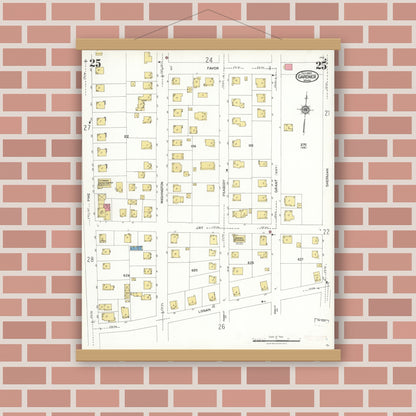 Old map wall art mockup — magnetic wood frame on brick wall — Sanborn Fire Insurance Map from Gardner, Worcester County, Massachusetts (1923), Sheet #0025