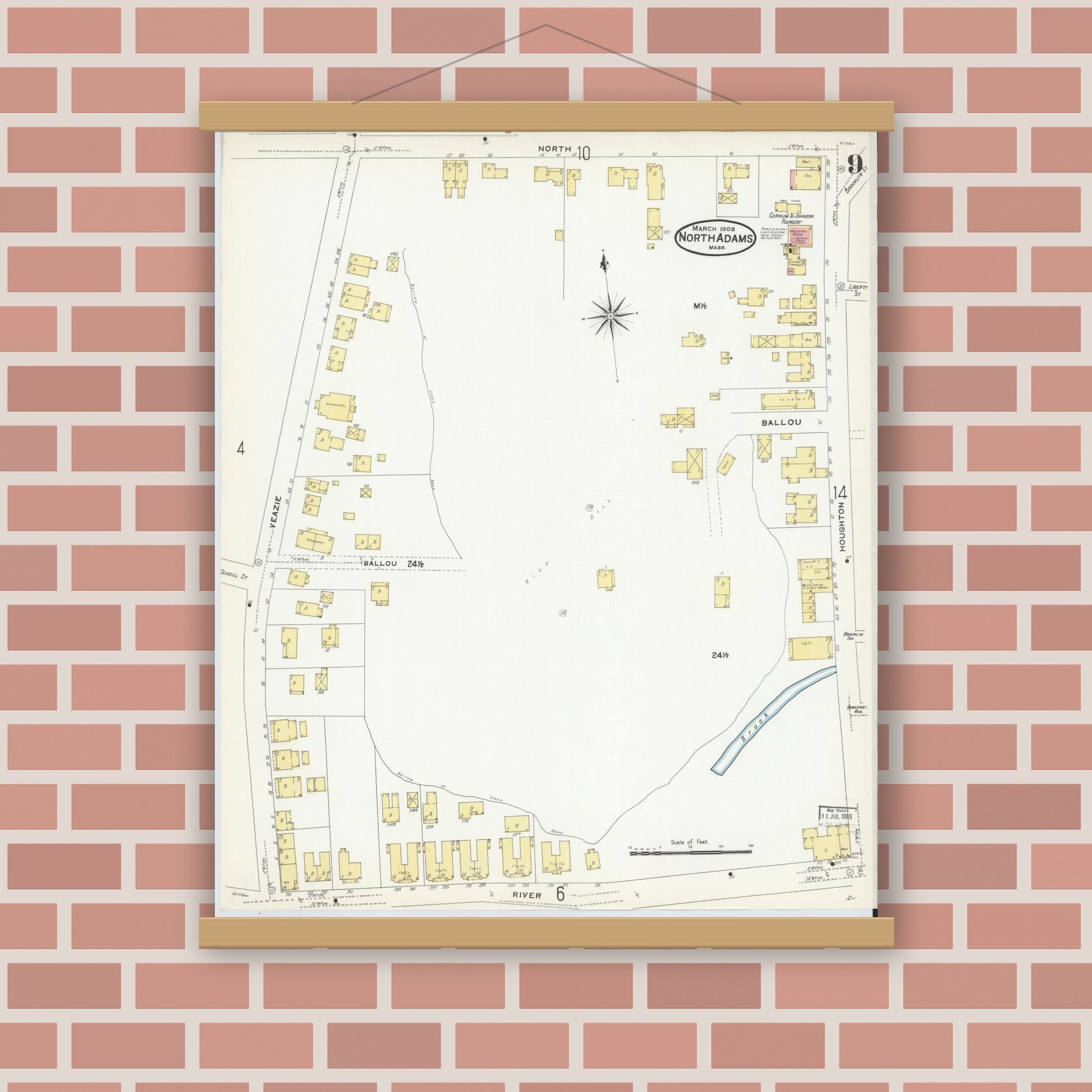 Old map wall art mockup — magnetic wood frame on brick wall — Sanborn Fire Insurance Map from North Adams, Berkshire County, Massachusetts (1908), Sheet #0009