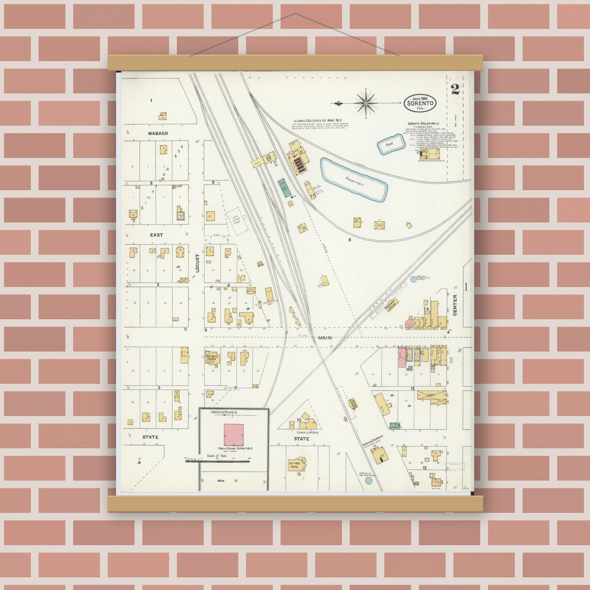 Old map wall art mockup — magnetic wood frame on brick wall — Sanborn Fire Insurance Map from Sorento, Bond County, Illinois (1906), Sheet #0002