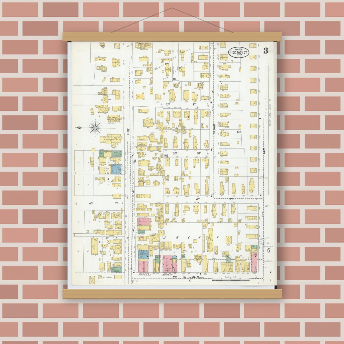 Old map wall art mockup — magnetic wood frame on brick wall — Sanborn Fire Insurance Map from Red Jacket, Houghton County, Michigan (1900), Sheet #0003